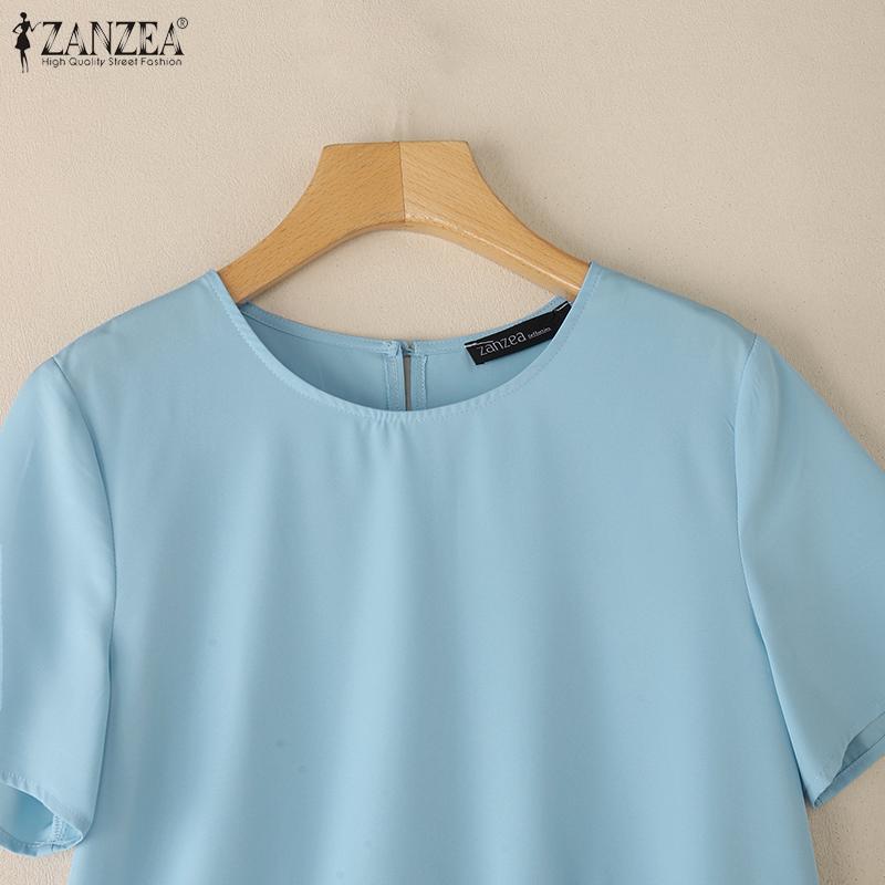 ZANZEA Women Casual Round Neck Loose Short Sleeve Blouse