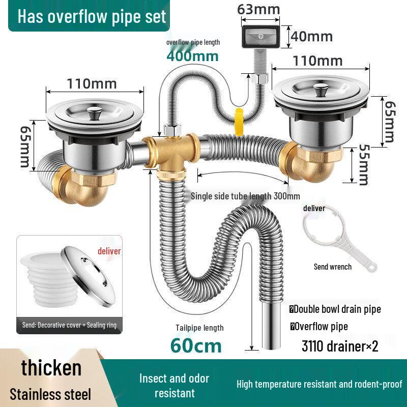 TLXT Stainless Steel Double Sink Drain Pipe Kit
