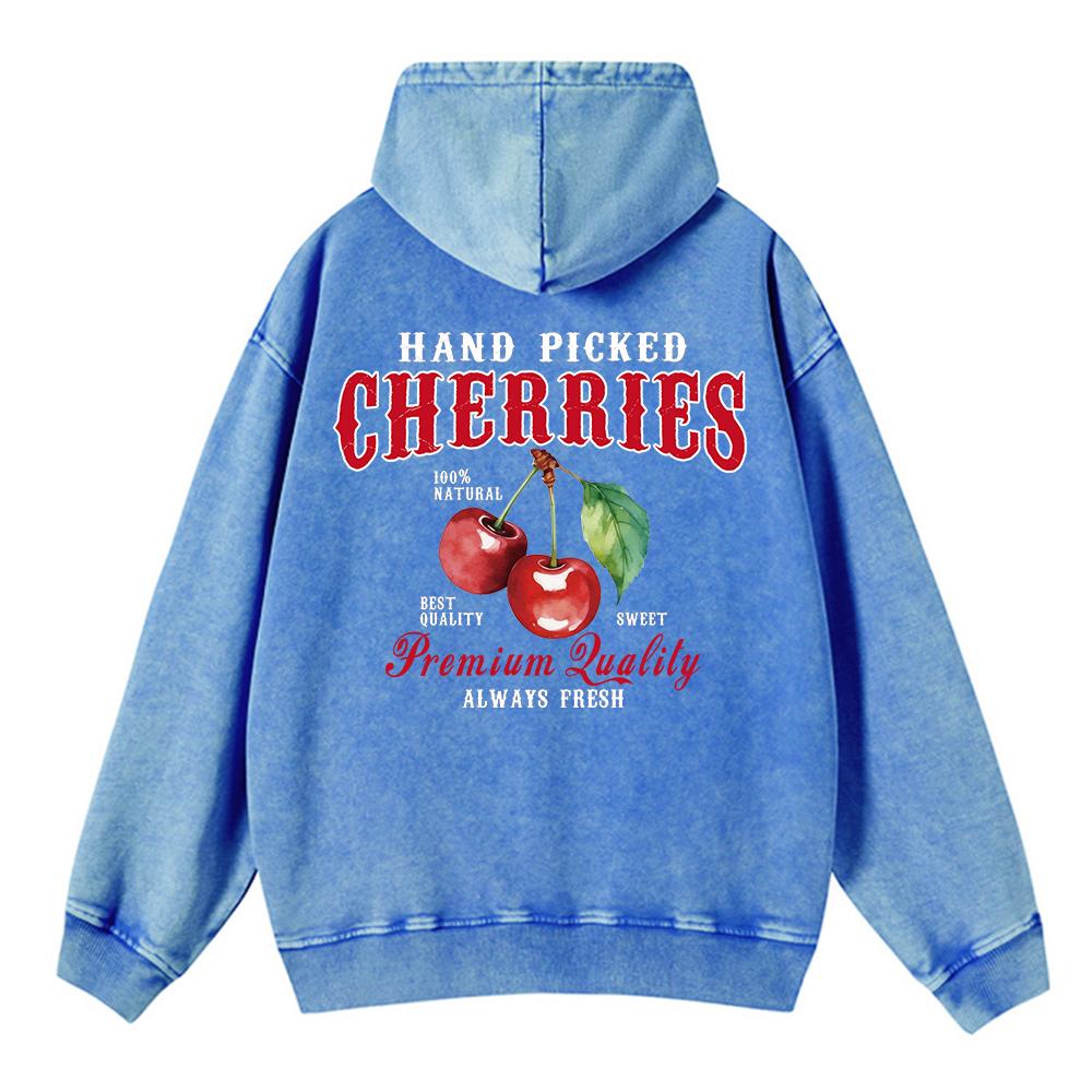 Oversized Women Washed Hoodie Hand Picked Cherries Always Fresh Print Pullover Pocket Warm Cotton Couple Clothes
