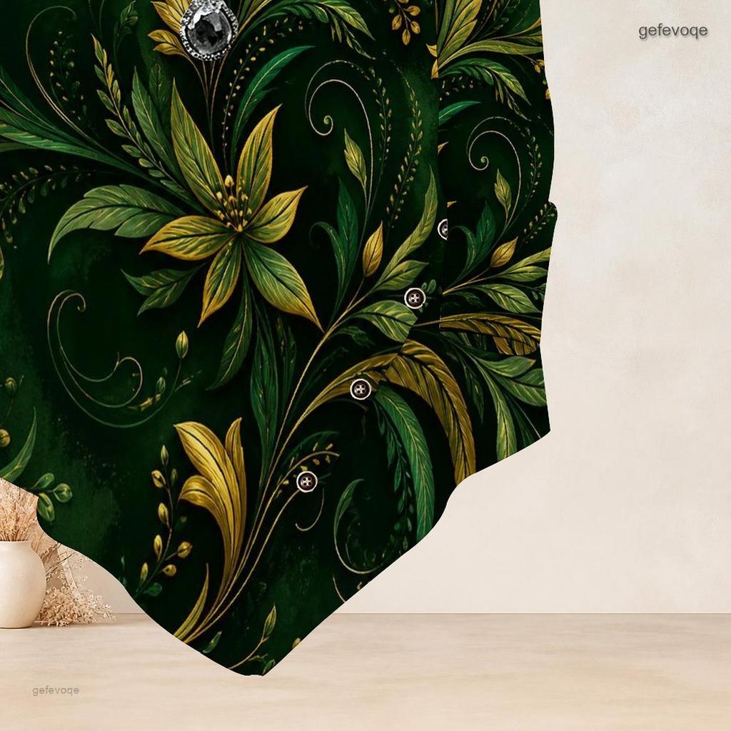 Women Plus Size Round Neck Long Sleeve T Shirt Dark Green Gold Floral Printed Asymmetric Hem Button Detail