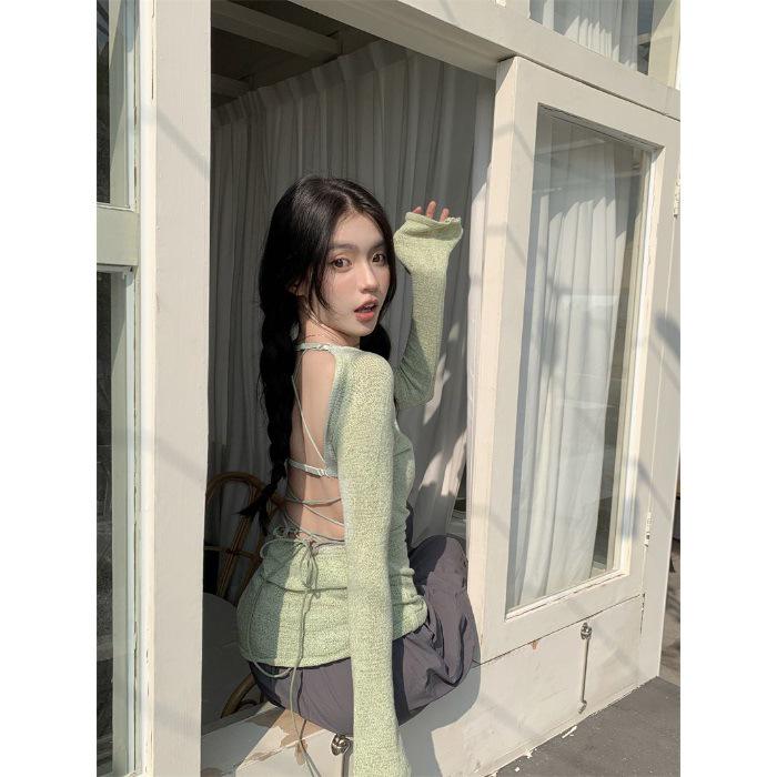 

Острый топ с открытой спиной и длинными рукавами - Облегающий крой, Легкий, Дизайн с разрезом One Size зелёный