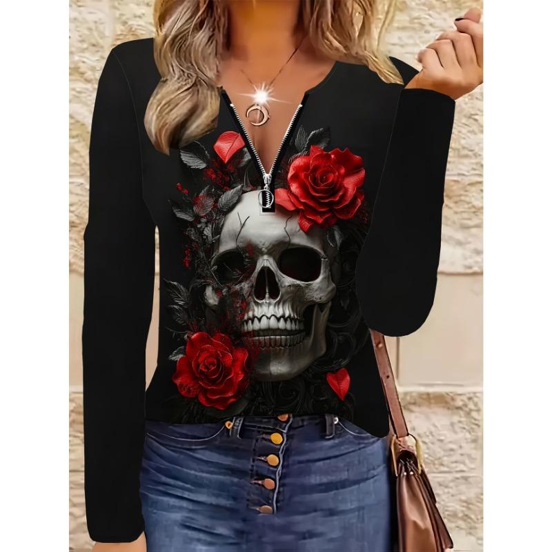 Women's spring and autumn fashionable long-sleeved zipper T-shirt - 3D full body digital printing design party wear