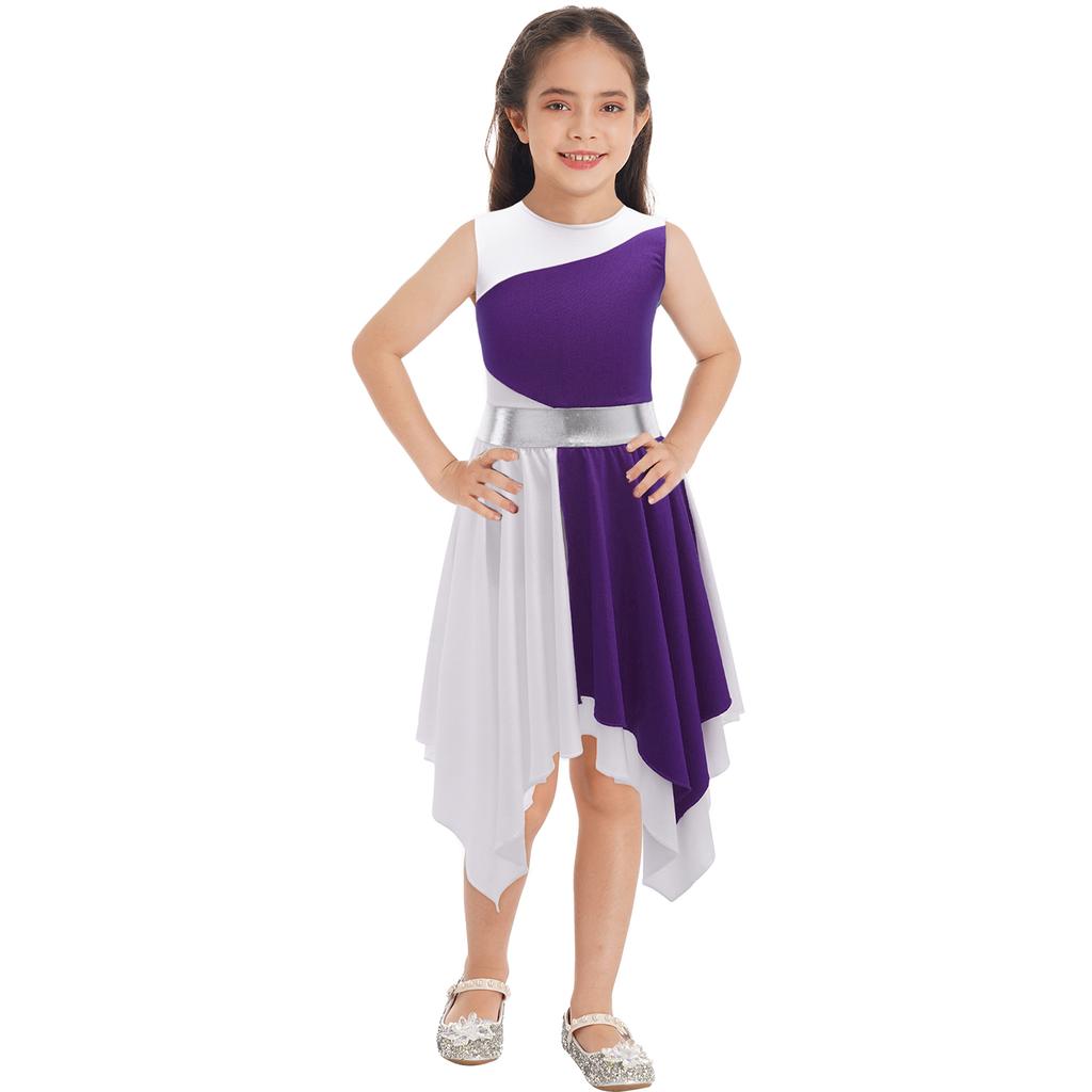 Girls Sleeveless Round Neck Asymmetrical Lyrical Dance Dress Contrast Color Ballet Costume