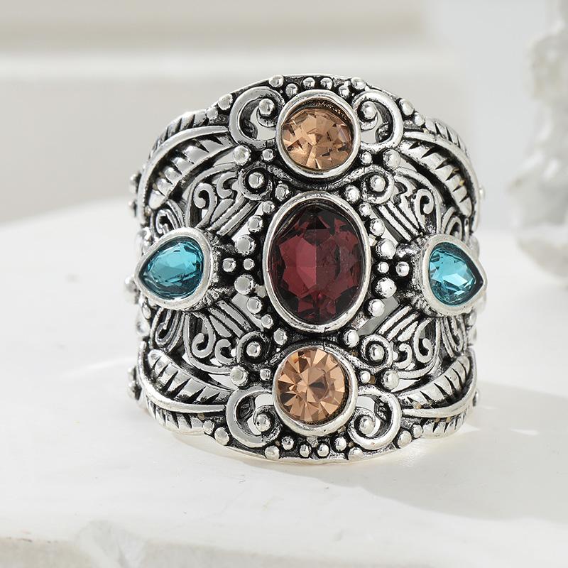 Vintage Inlaid Multicolored CZ Women's Ring Ethnic CopperColor Hand Carving Daily Wear Party Jewelry Anniversary Gift