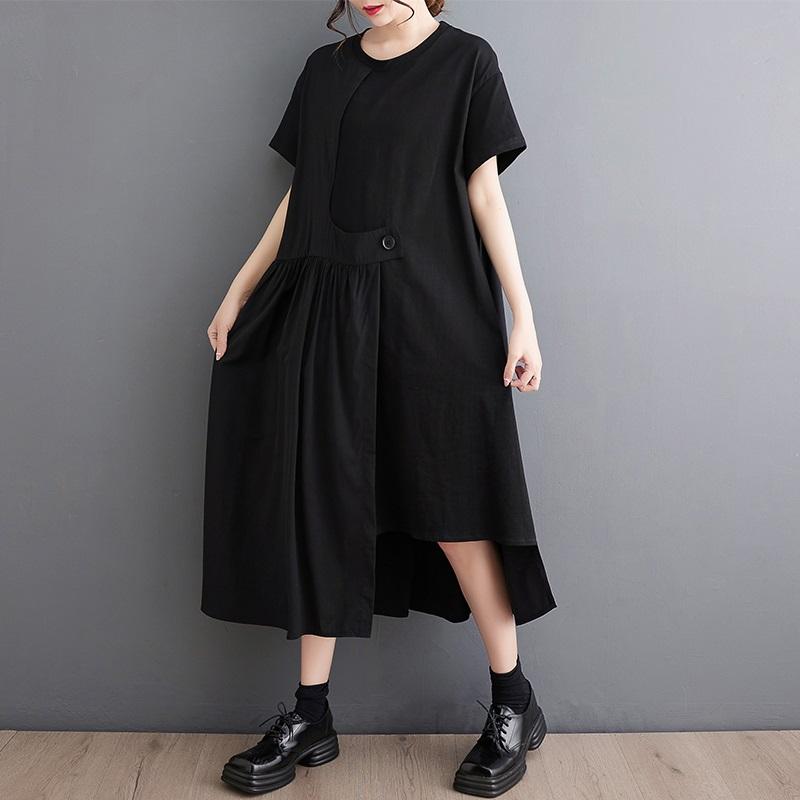 short sleeve Plus size Black cotton vintage new in dresses for women casual loose long summer dress
