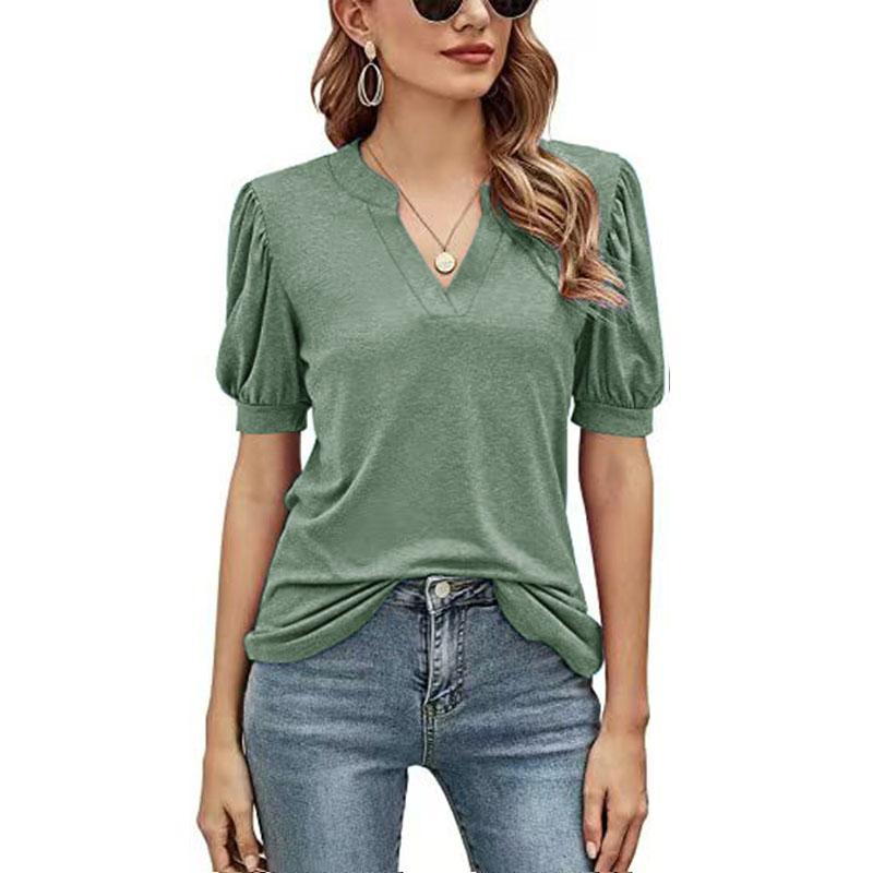 

Летняя женская футболка, повседневная однотонная свободная футболка с v-образным вырезом и рукавами-пузырьками, топы XL зелёный
