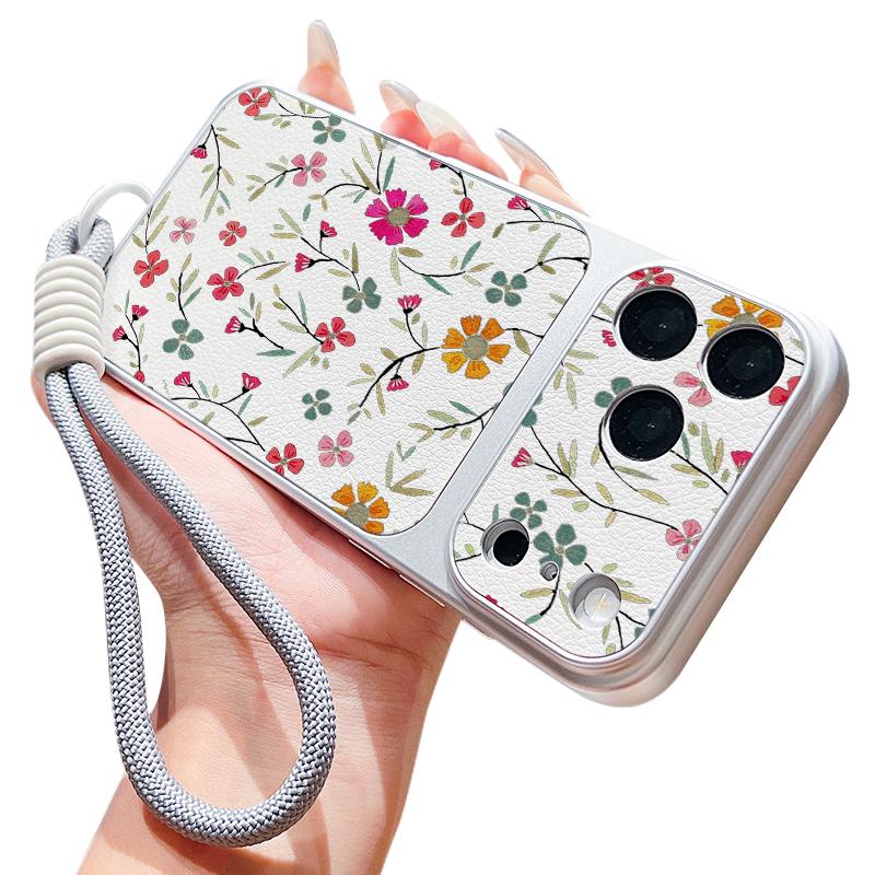 Cartoon Daisies Flower Pattern Leather Lanyard Case For iPhone 18 Pro Max Hybrid TPU+PU Anti-skid Soft Cover For iPhone 17 16 15 14 13 Pro Max