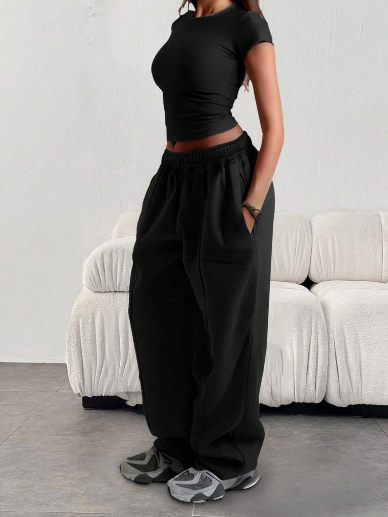 Plus Size Women's Loose Solid Gray Elastic Waist Sweatpants with Pockets Casual Straight Leg Pants