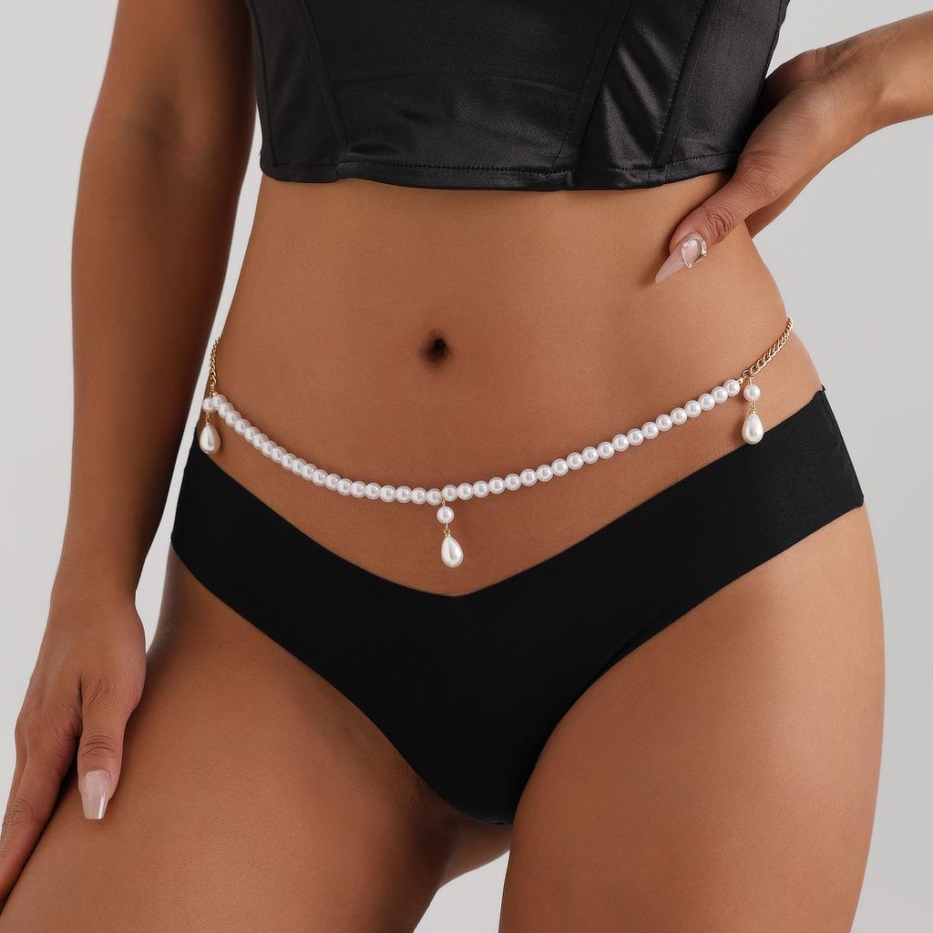 European and American Jewelry Fashion New Single-layer Simple Imitation Pearl Pendant Waist Chain Women's Casual Versatile Belt Jewelry
