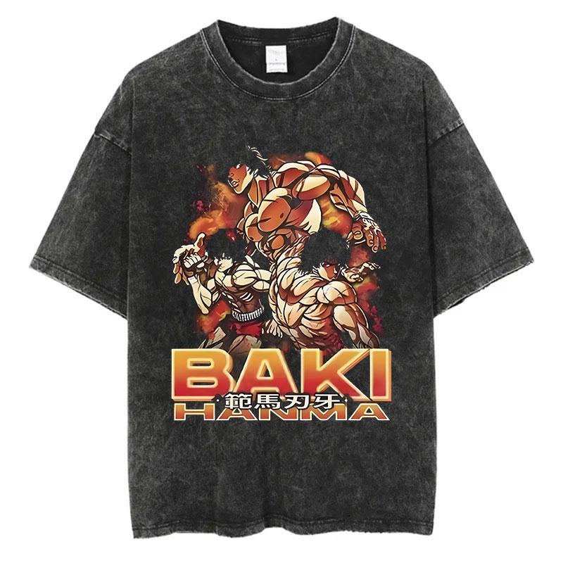 Anime Baki Washed Tshirt Harajuku Summer Cotton Short Sleeve Oversize Tees Vintage Streetwear Baki Hanma Print T-Shirt