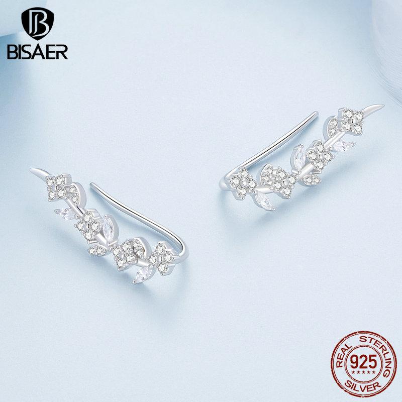 Bisaer Authentic 925 Sterling Silver Flower and Leaves Vine Stud Earrings for Women Original Design Trendy Fine Jewelry Gift