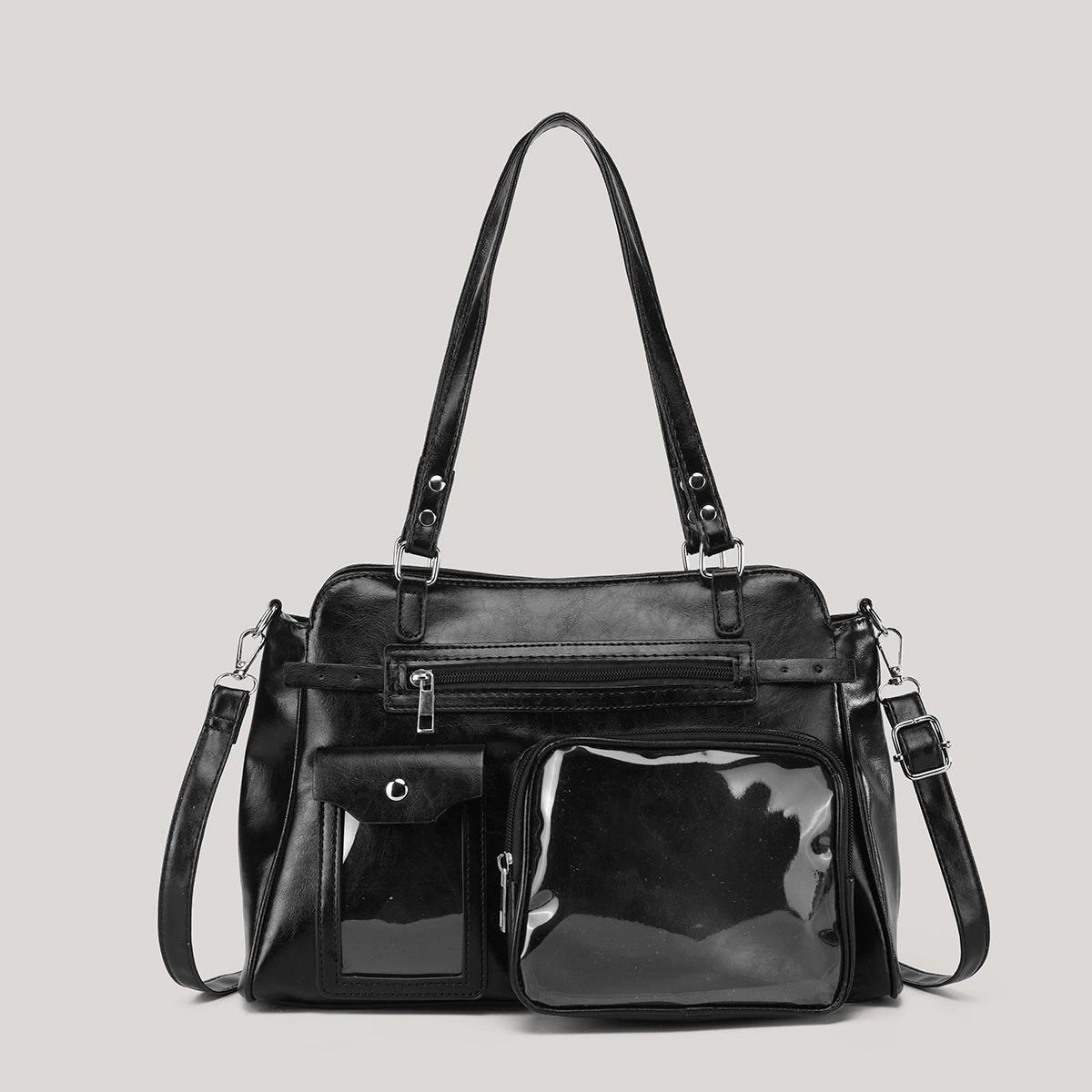 Leather Bag Women's Black Fashion Y2k Japanese-Style Ita Bags Transparent Display Tote Multi-Pocket Shoulder Bag Unisex Jk Uniform Style Crossbody Bags