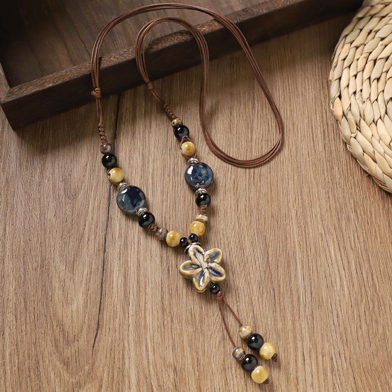 Retro Ceramic Beaded Necklace for Women, Handmade Long Sweater Chain, Ethnic Vintage Chinese Style Jewelry