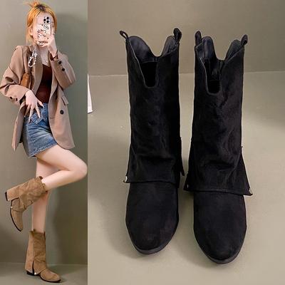 Thick Heel Pointed Western Cowboy Boots Short Boots Women's Shoes Autumn and Winter Suede with Skirt Pants Boots Skinny Boots