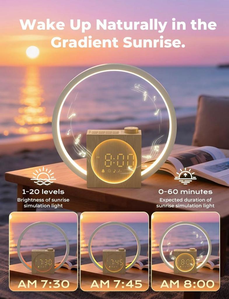 USB Charging RGB Sunrise Smart Table Clocks 12 Light Modes with White Noise Wake-Up Alarm Wood-Grain Finish Speakers