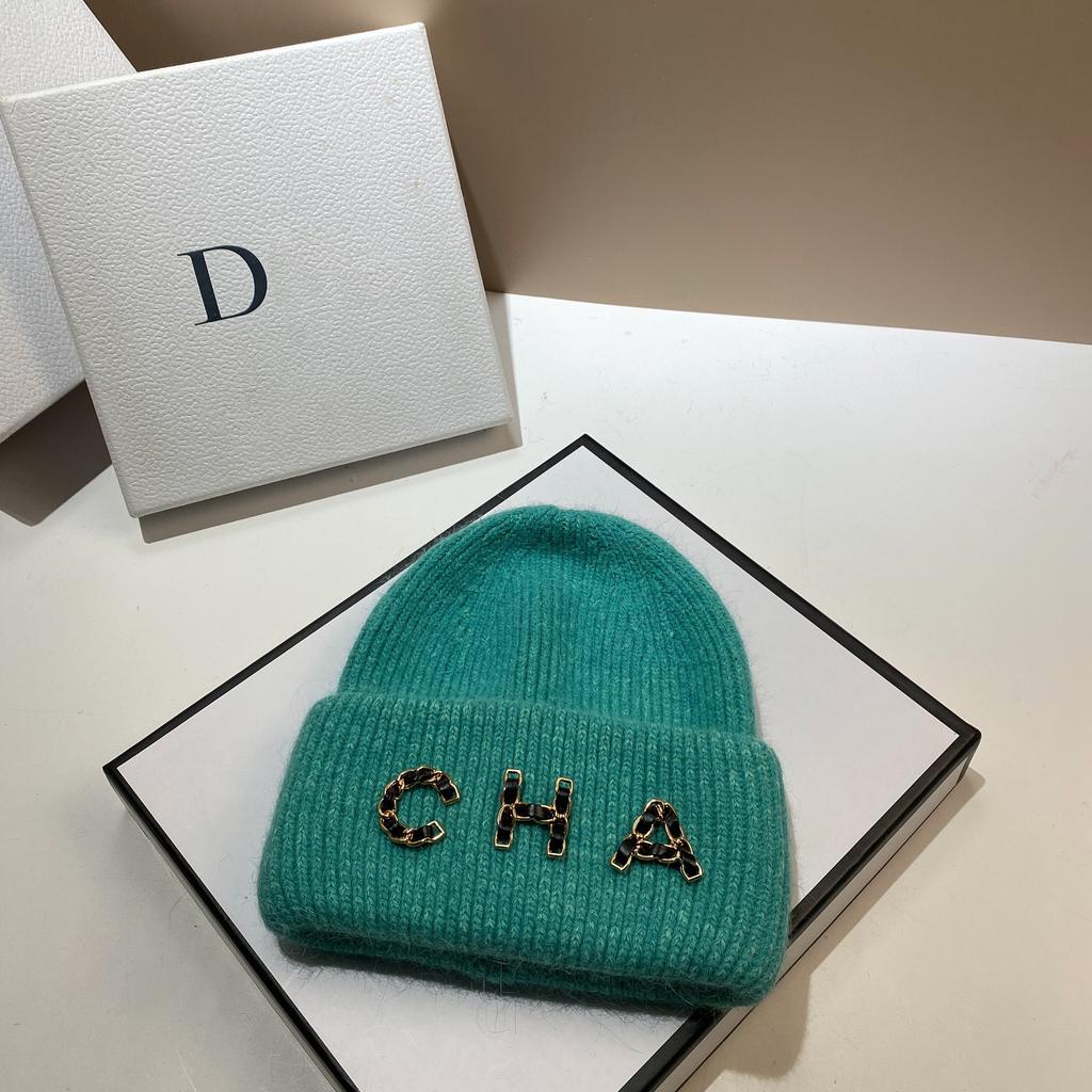 Chain Letter Cha Simple Wool Hat Winter Warm Rabbit Hair Double Fold Knitted Hat Outdoor Ear Protection