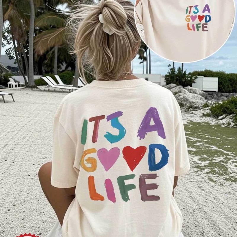 

Summer Loose Casual Women S Top with Double-Sided Print, Hand-Drawn Style Featuring , Round Neck Short-Sleeve Oversized T-Shirt XS бежевый