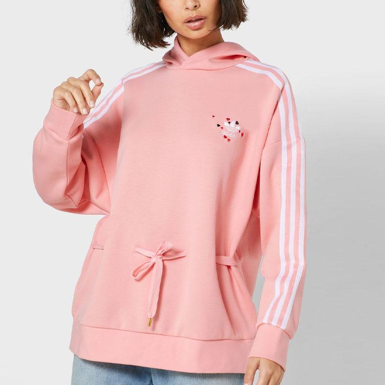 Adidas Originals Serie Quadrifoglio Disegno con Coulisse Ricamato Cuore Felpa con Cappuccio a Righe College Donna Felpa Rosa GK7175