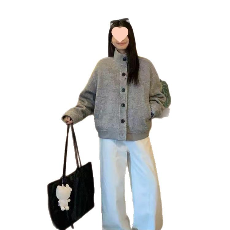 American Retro Gray Wool Blend Stand Collar Jacket - Women's Casual Autumn/Winter Top