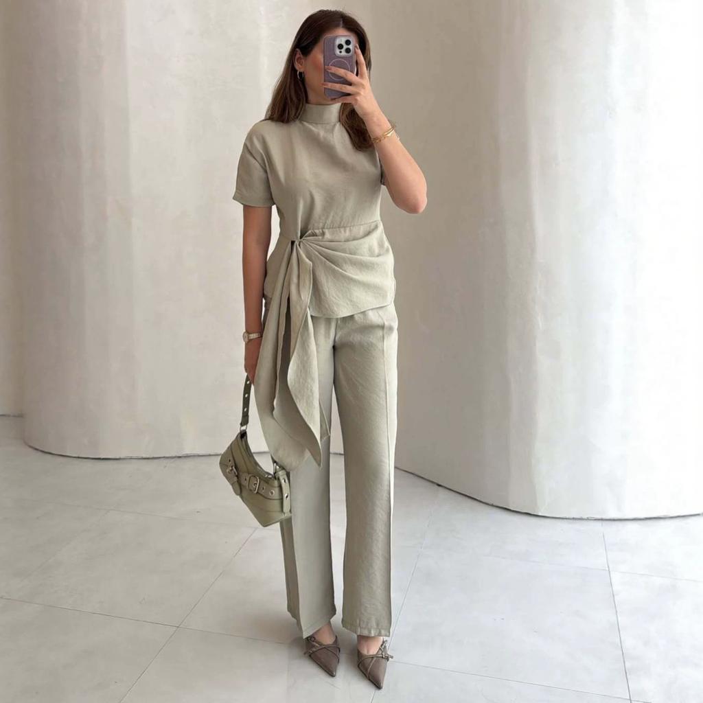 European and American Cross-border Amazon Independent Station Spring and Autumn New Short-sleeved Stand-up Collar Streamer Top Straight Trousers Set