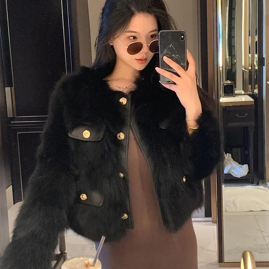 Women Autumn Winter Short Faux Fur Coat Ladies Round Neck Long Sleeves Jacket Comfortable Thickening Plush Outwear
