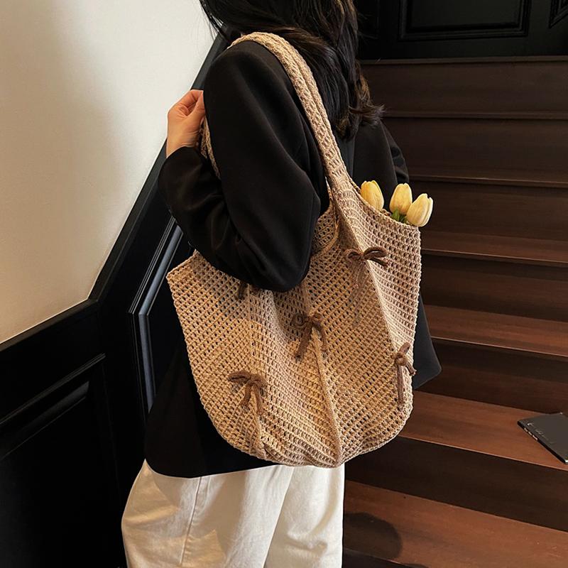 New Khaki Bow Vintage Knit Bag High Quality Woven Bag Large Capacity Daily Wear Shoulder Bag Ladies Hand Bags