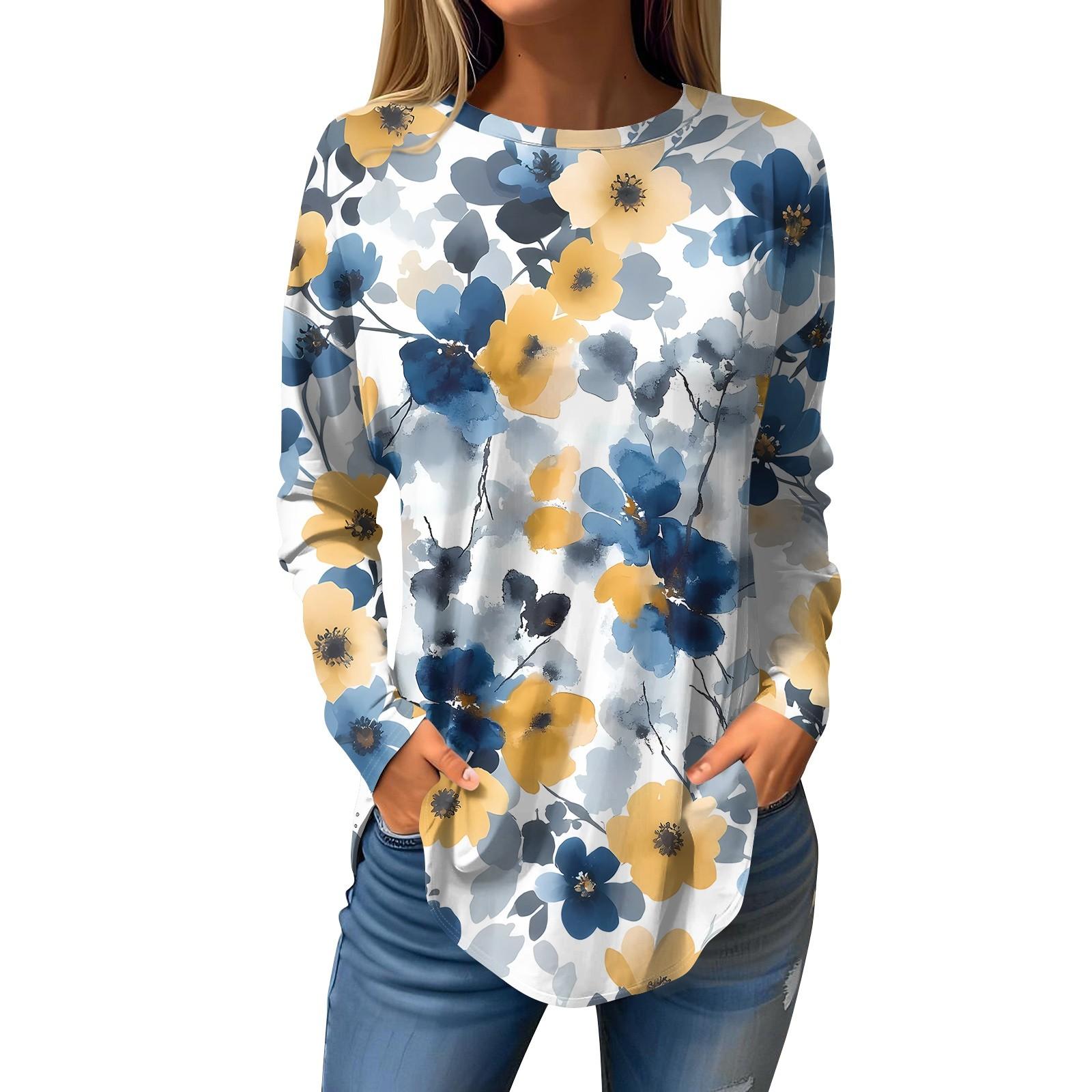 

Women s Loose Round Neck Print Long Sleeve T-Shirt Top Pullover M синий