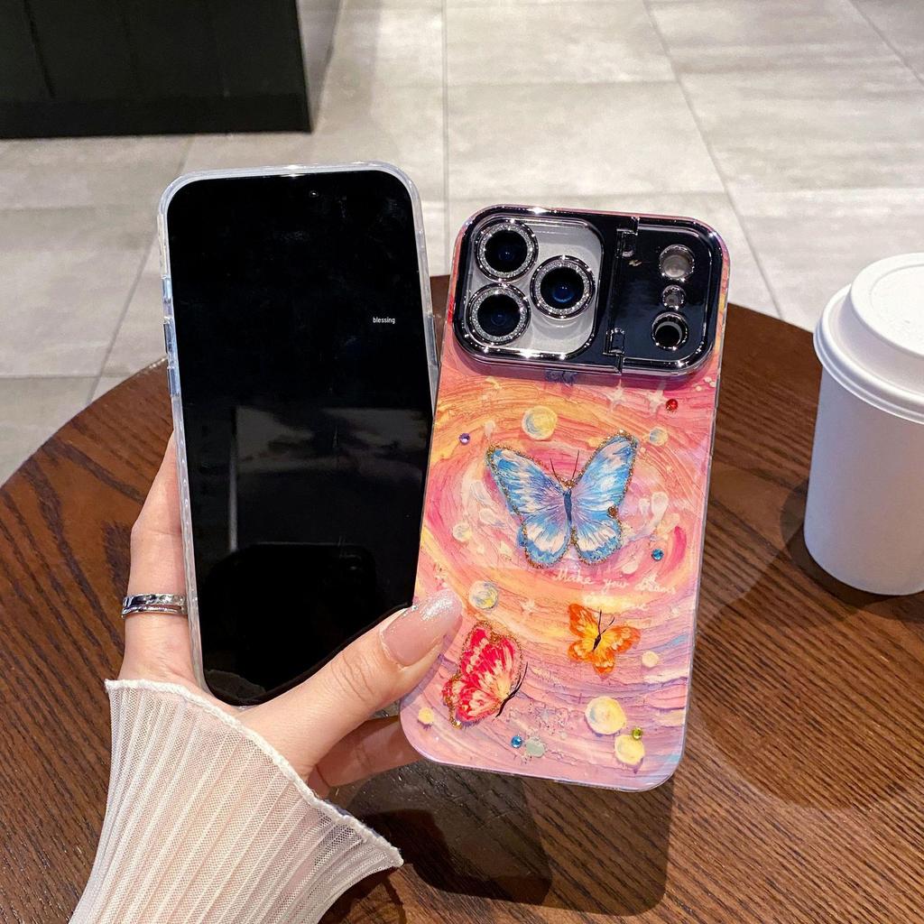 Schmetterling Ölmalerei iPhone 17 Pro Max Ständer Hülle - Vollständige Abdeckung für 16 Pro, 15, Design für Frauen