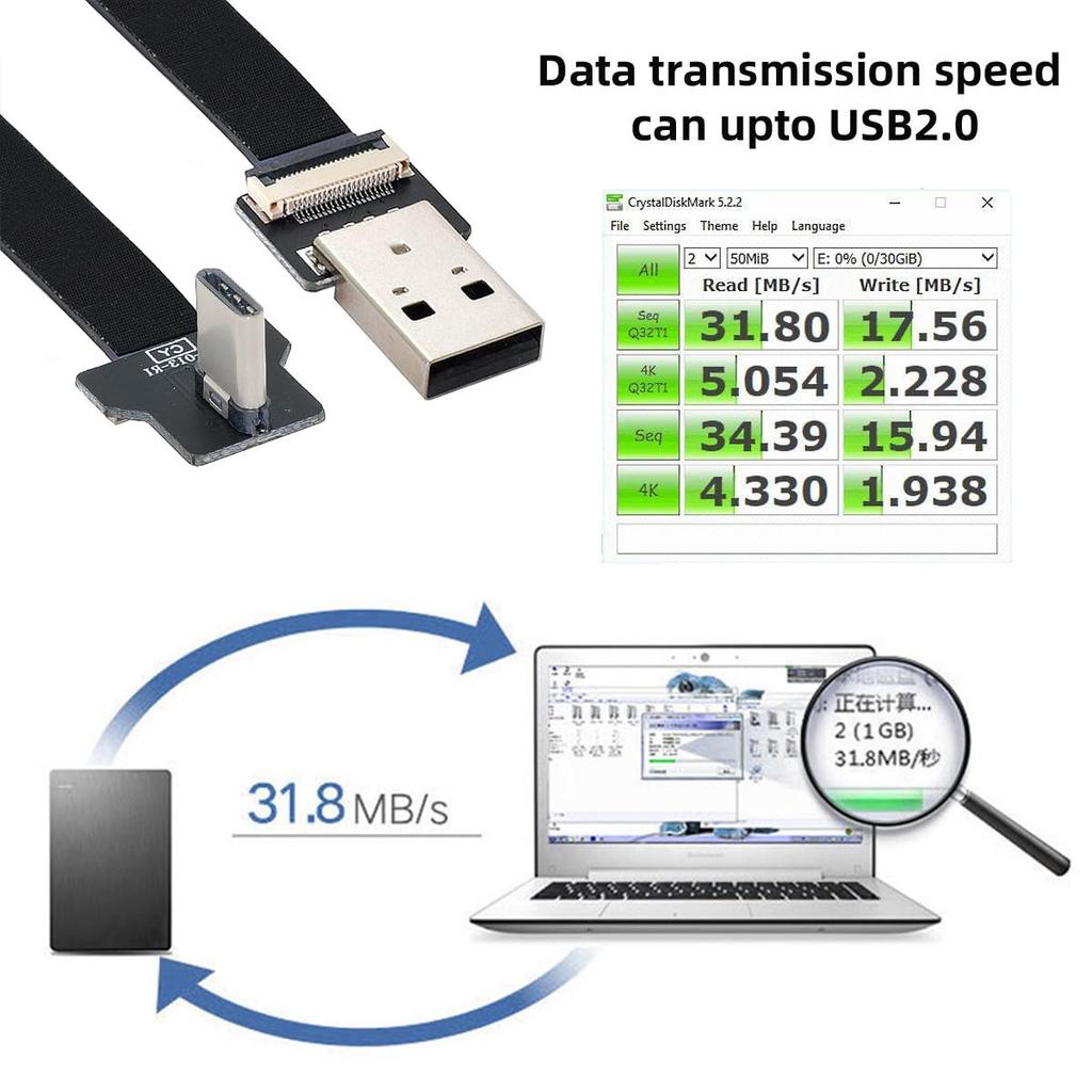 Cablecc Right Angle USB Male To Male Data Flat Slim FPC Cable for and Phones 2.0 Type-A USB-C Type-C (200cm) FPV, Discs,