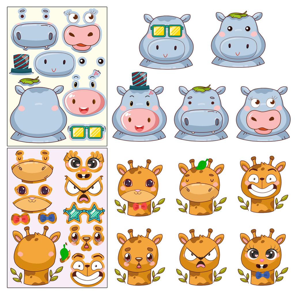 6 Pictures/pack of Beautiful Animals Hippo Cow Giraffe Cartoon Collage Children's Education Decoration Stickers