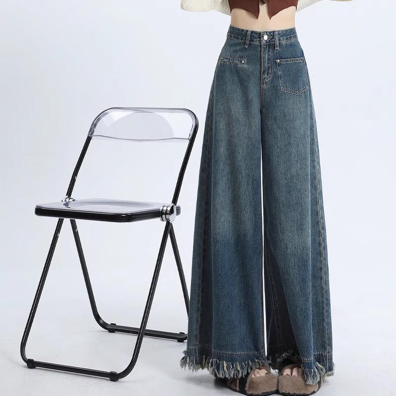 Autumn 2024 Women's High Waist Wide-Leg Retro Frayed Jeans