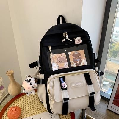 Casual Preppy Style Students School Bags Fashion Canvas Contrast Color Large Capacity Knapsack Women Backpack with Cow Pendants