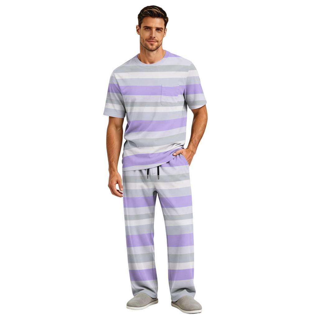 Men's Short Sleeve Pajama Set with Long Pants, Button Crotch, Elastic Waist Drawstring - Comfortable Sleepwear