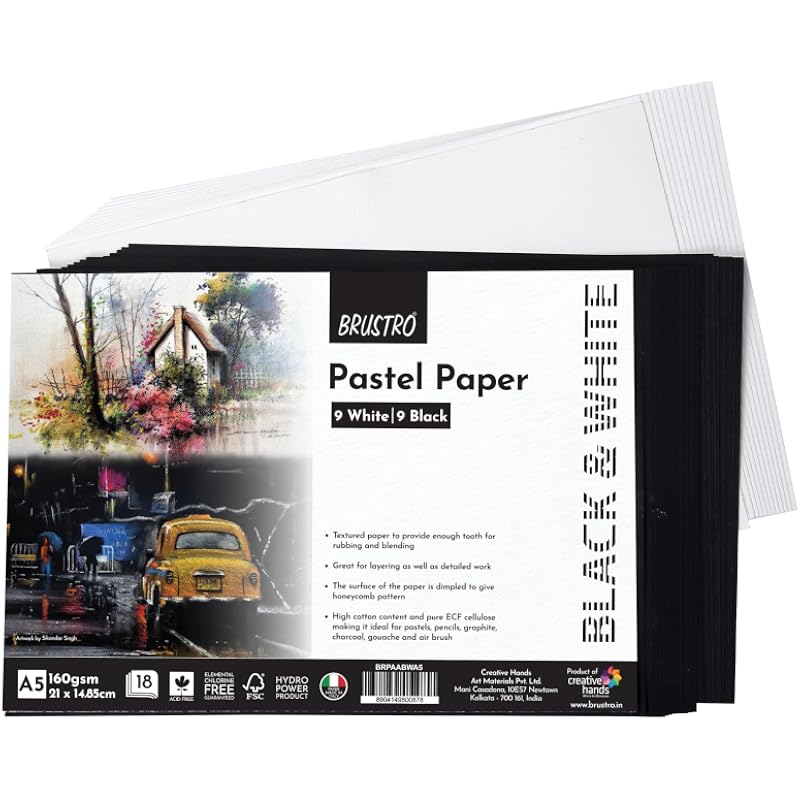 Brustro Artist Pastel Paper - A5, 160 Gsm, Set Of 18 (9 White+9 Black Sheets) | Ideal For Pastels, Colour Pencil, Graphi