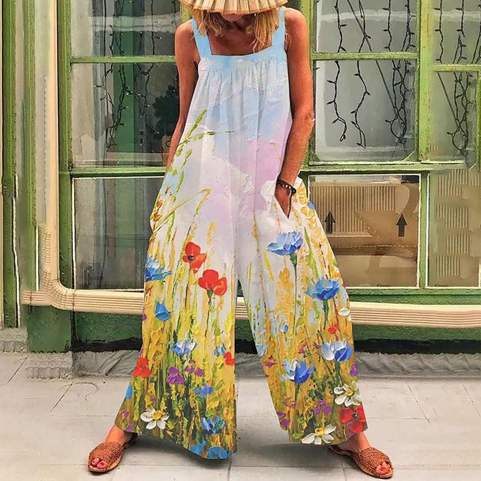 Fashion Printed Retro Bohemian Loose Casual Large Linen Suspender Pants Jumpsuits XXL