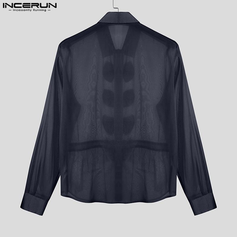INCERUN Men Long Sleeve Bow Knot Mesh Sheer Hollow Out Party T-shirts Tops