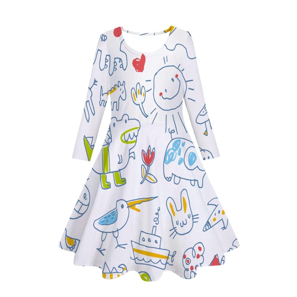 Girls' 3D Cute Sketch Dino Dress Long Sleeve Summer Spring Vacation Daily Holiday Princess Beautiful Sweet Kids 4-12 Years Casual Dress A Line Dress
