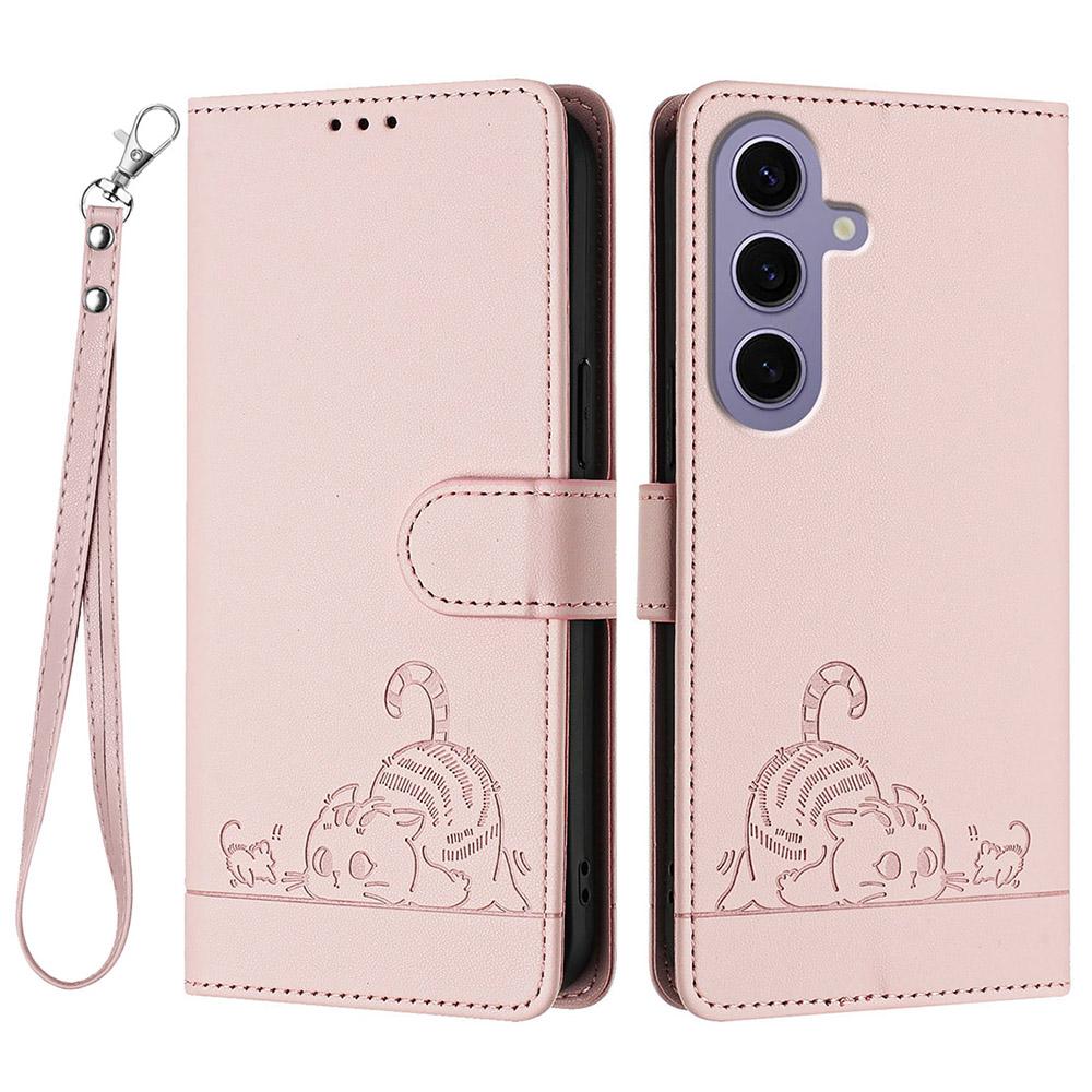 For Samsung Galaxy S24 Case with Strap RFID Blocking Leather Wallet Phone Cover Cat Mouse Pattern