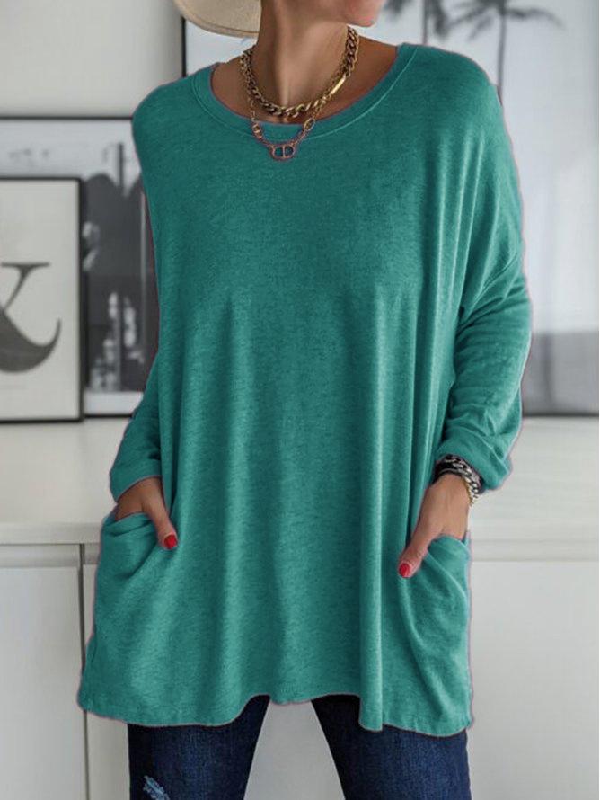 2023 Spring/Summer Women's Casual Solid Color Long Sleeve Round Neck Pocket T-Shirt