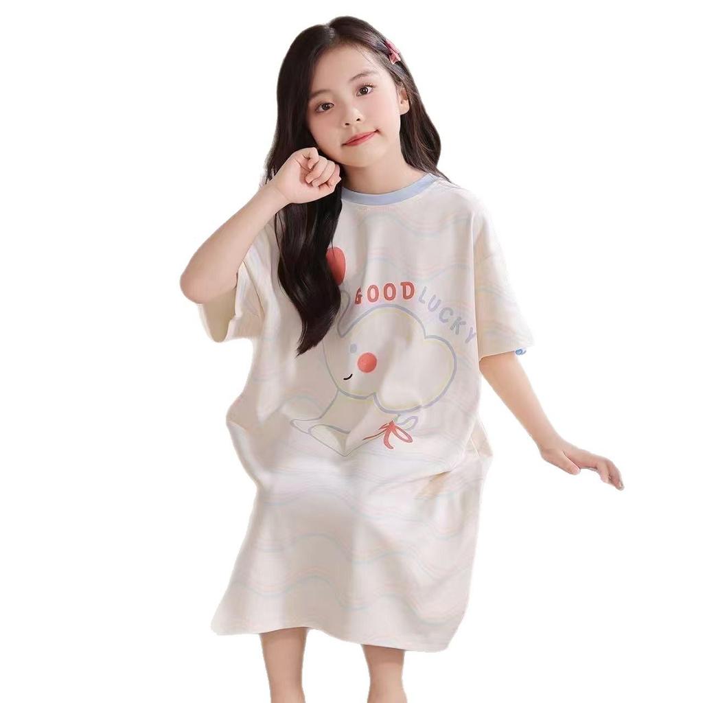Summer 2026 Cartoon Girls' One-Piece Nightgown - Sweet, Loose, Breathable, Medium & Large, Perfect for Home & Air Conditioning.
