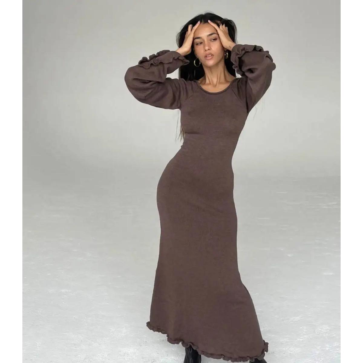 

Elegant Knitted Sweater Maxi Dress Outfits for Women Flare Sleeve Sexy Backless Dresses Edible Tree Fungus Clothes S кавовий