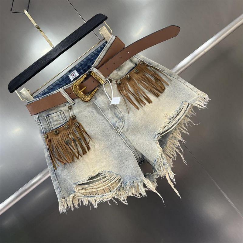 Pantaloncini di jeans retrò con nappe e strappi da donna gamba larga e ampia