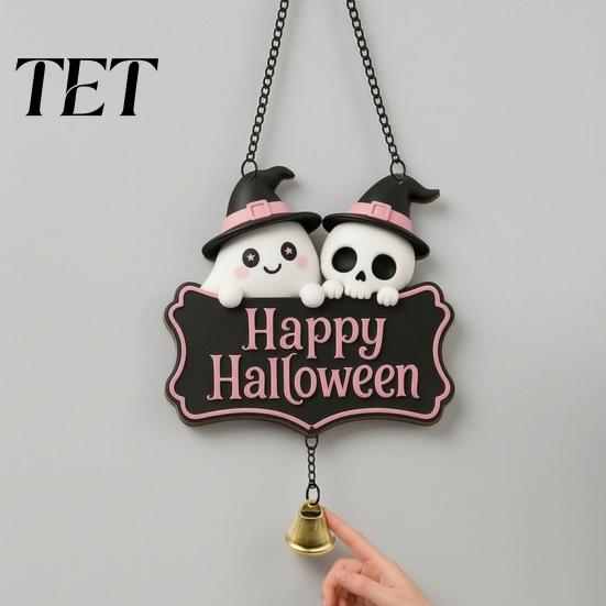 Decorative Skull Doorbell Halloween Cute Witch Hat Ghost Door Sign, Wooden Hanging Decoration, Pink Sign Pendants for Indoor Outdoor Home Wall