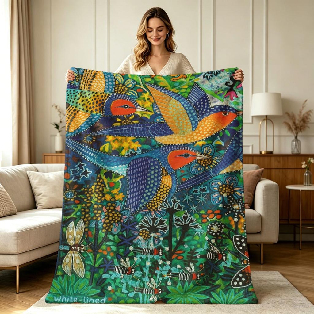 All Season Flannel Fleece Throw Blanket with Vibrant Folk Art Bird Floral Insect Garden Print Soft Warm Cozy Lightweight Decorative Throw for Couch So