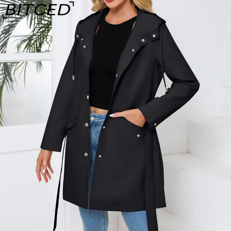 BITCED Women's Spring/Autumn Hooded Water-Resistant Jacket with Belted Waist Lightweight Casual Oversized Trench Coat