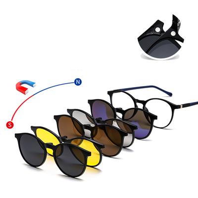 6 In 1 Spectacle Transparent Round Frame With 5 PCS Clip On Polarized Sunglasses Magnetic Glasses Male Computer Optical 3305