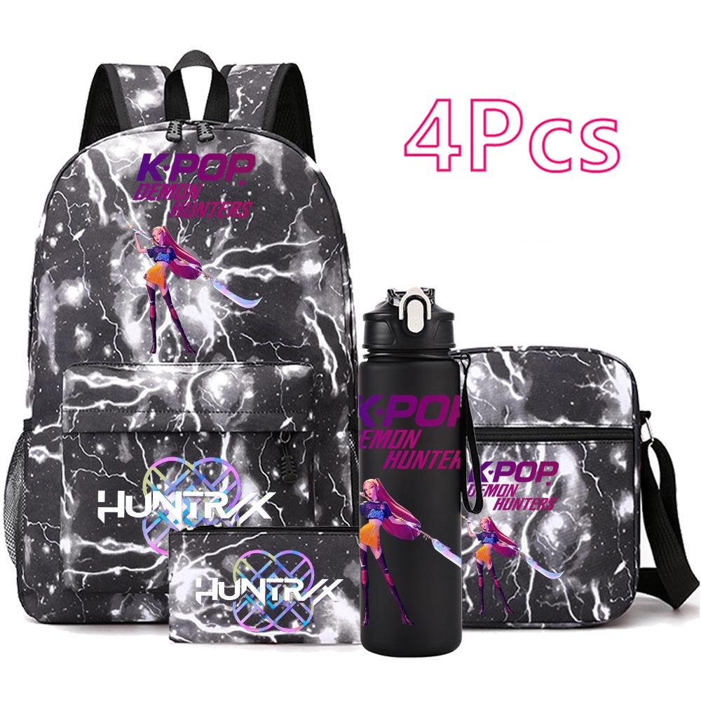 4-teiliges/Set Anime Niedlich K-Pop Bedruckter Rucksack mit 750 ml Wasserflasche für Teenager Schüler Mädchen Junge Schultasche Kindergeschenk Große Kapazität Reisetasche Mochila