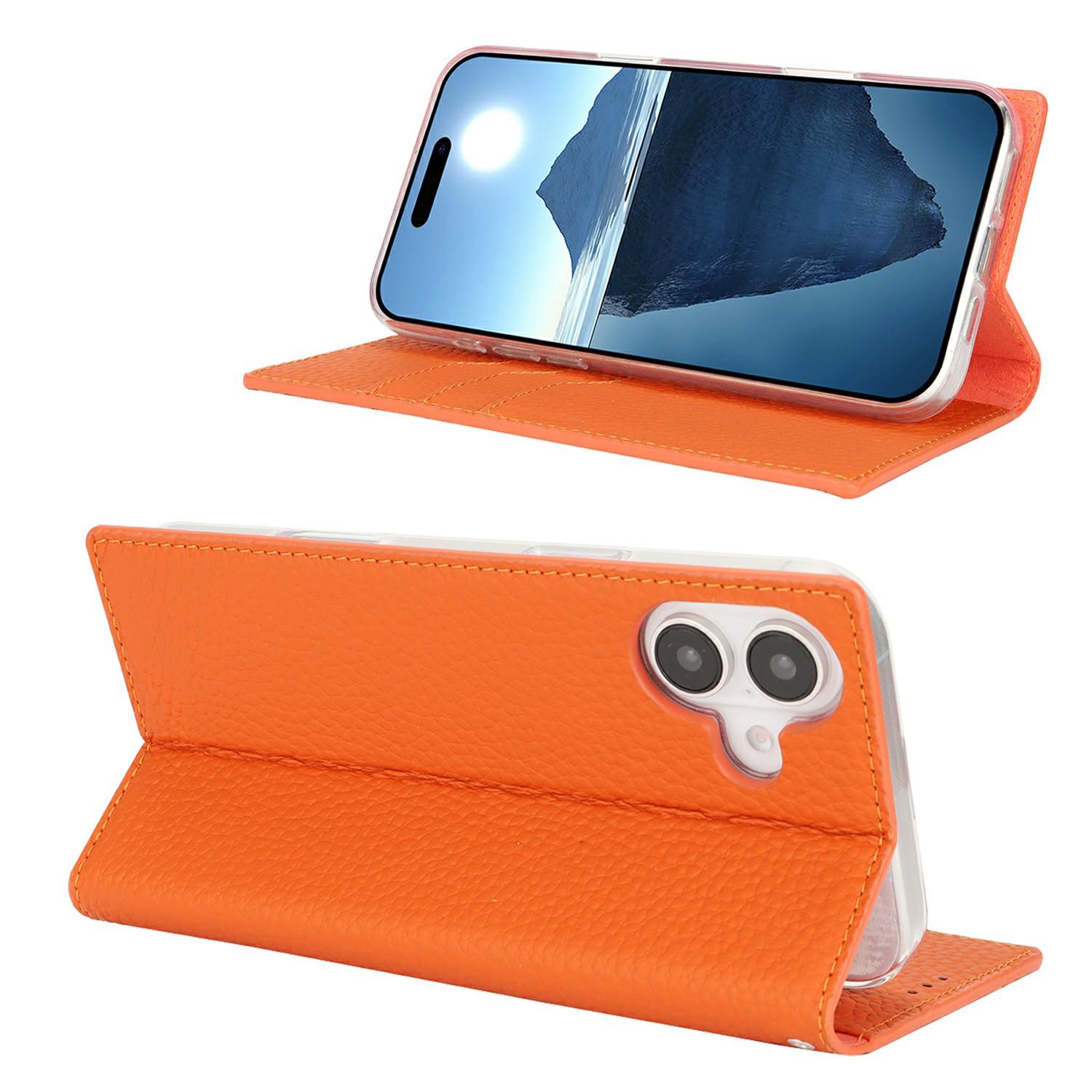 

For iPhone 16 Wallet Case Genuine Cow Leather Phone Cover Litchi Texture Orange
