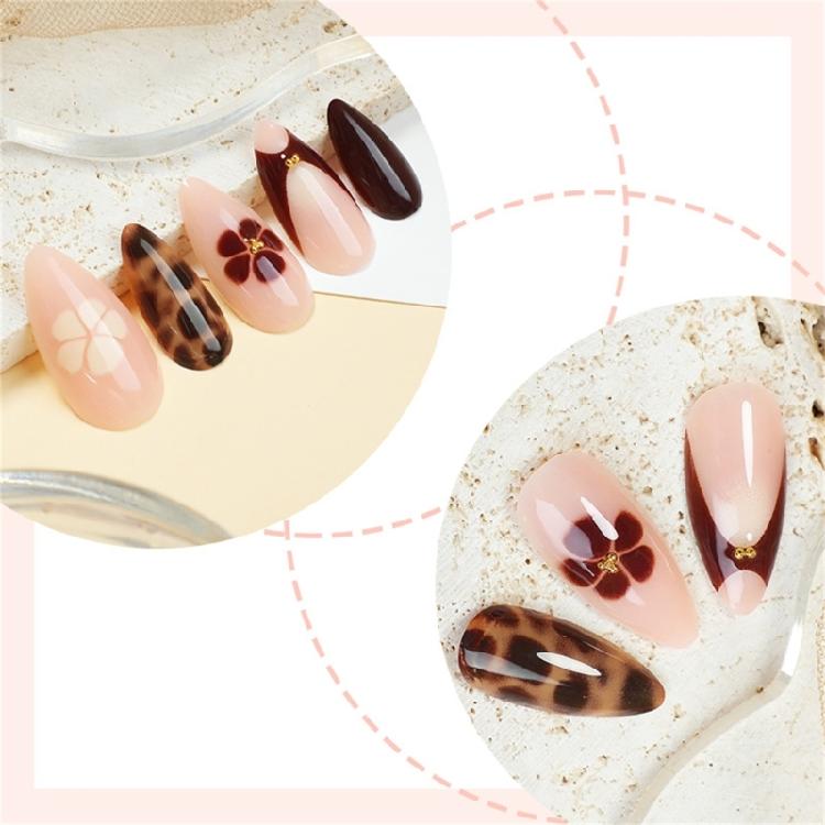 24pcs Women's French Tip Press On Nail Almond Shape False Nail with Leopard Flower Designs Gold Beads Stick On Nail Gift
