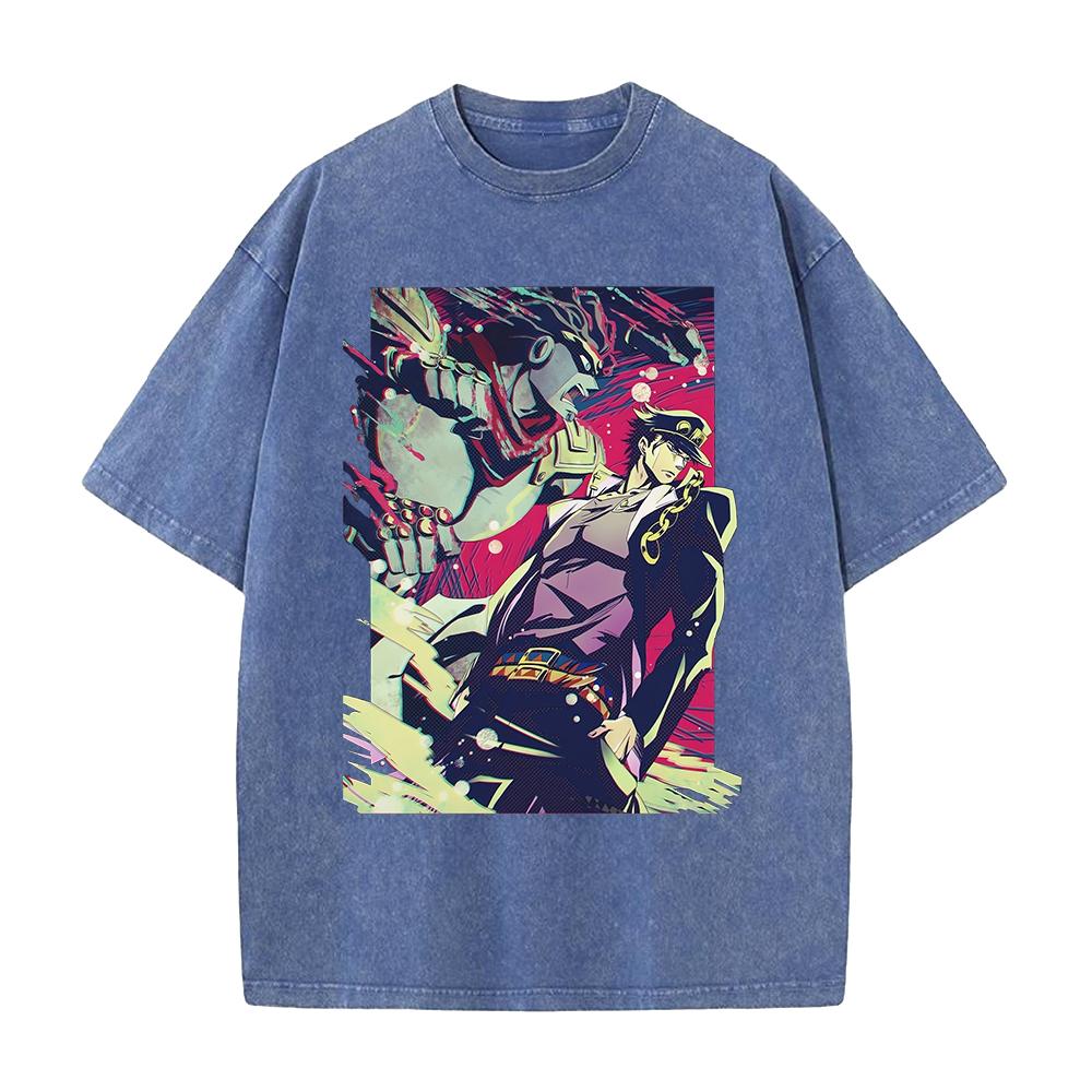 JoJo's Bizarre Adventure Jotaro Kujo Graphic T Shirt Men Women Washed Cotton Tshirts Vintage Casual Clothing Anime Streetwear